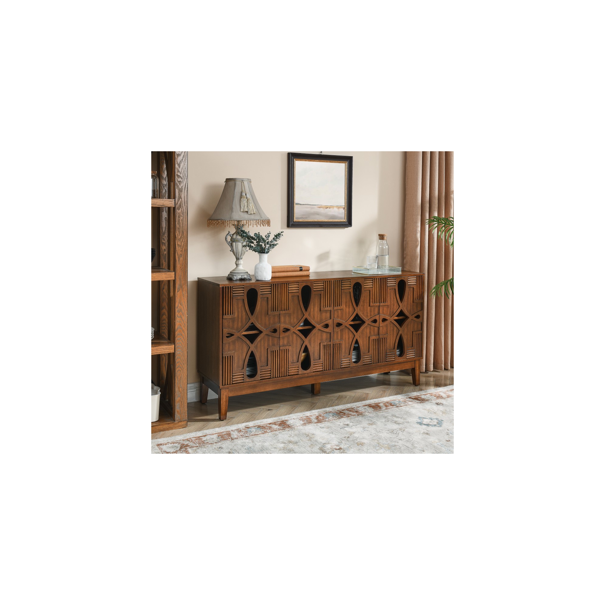 Mid Century Modern Accent Cabinet with 4 Hollow Carved Doors and Outlet Holes, Sideboard Buffet Cabinet with Storage Shelves for Kitchen, Living Room