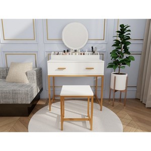 TOBILI Vanity Set with Mirror and Stool - Makeup Vanity Table with Storage Drawers and Organizer, White and Gold, Space-Saving Design - 1 of 4