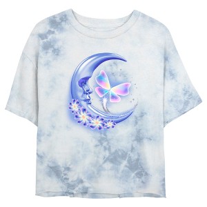 Juniors Womens Lost Gods Airbrushed Half Crescent Moon Butterfly Crop T-Shirt - 1 of 4