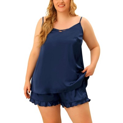 Agnes Orinda Women's Plus Size Satin Cross Camisole Ruffle Trim Elastic Waist Shorts Sleepwear Pajamas Set with Pocket
