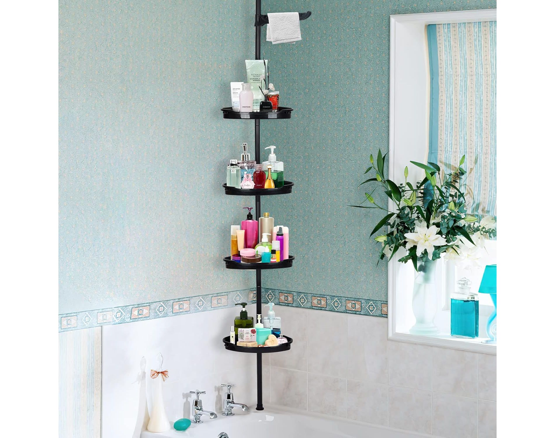 Acekool Tension Pole Corner Shower Caddy, 4-Tier Adjustable Rust-Proof Shelves, Bathtub Storage Organizer with Rubber Pads, Fits 101.6-122in