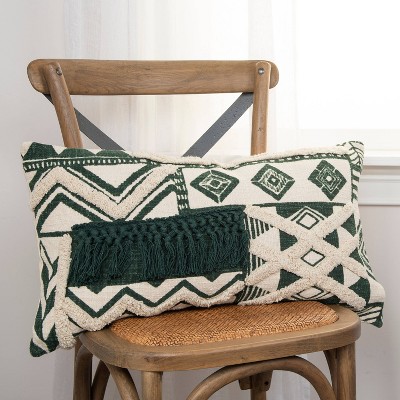 17" Green Cotton and Polyester Embroidered Lumbar Pillow