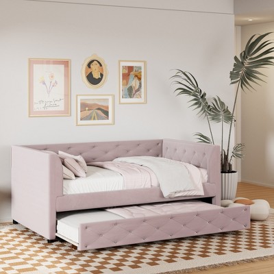 YOOCOZZ Twin Size Upholstered Daybed with Twin Trundle, Tufted Backrest and Armrests, Side Storage Pocket