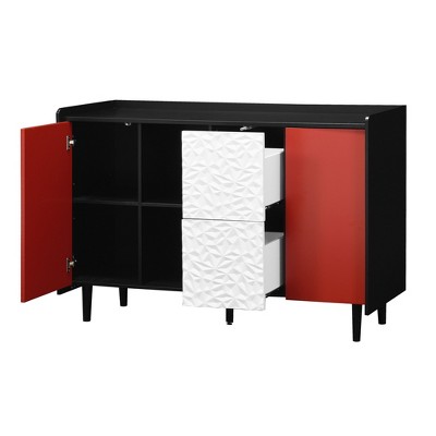 Lirago,47.24"D * 15.74"W * 31.49"H, Black & Red Sideboard Cabinet with 2 Drawers & Open Shelves, Modern Accent Cabinet