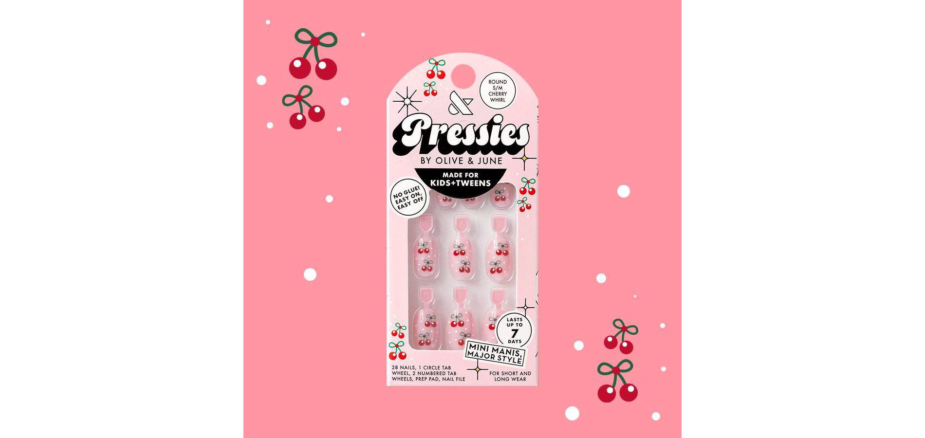 Olive & June Pressies Fake Nails - S/M Round - Cherry Whirl - 28ct