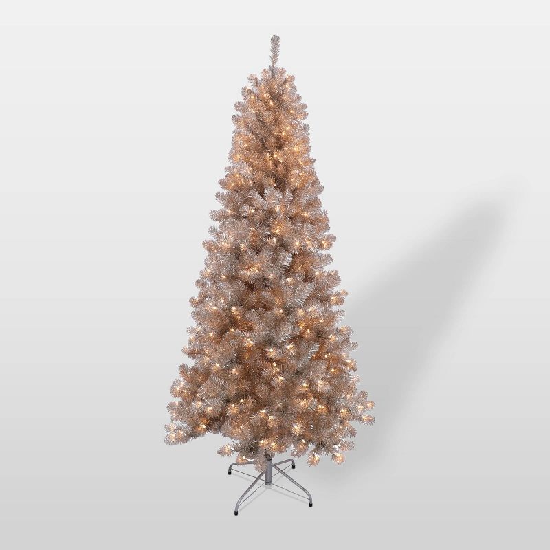 6.5ft Pre-Lit Rose Gold Tinsel Artificial Christmas Tree - Puleo, 1 of 4