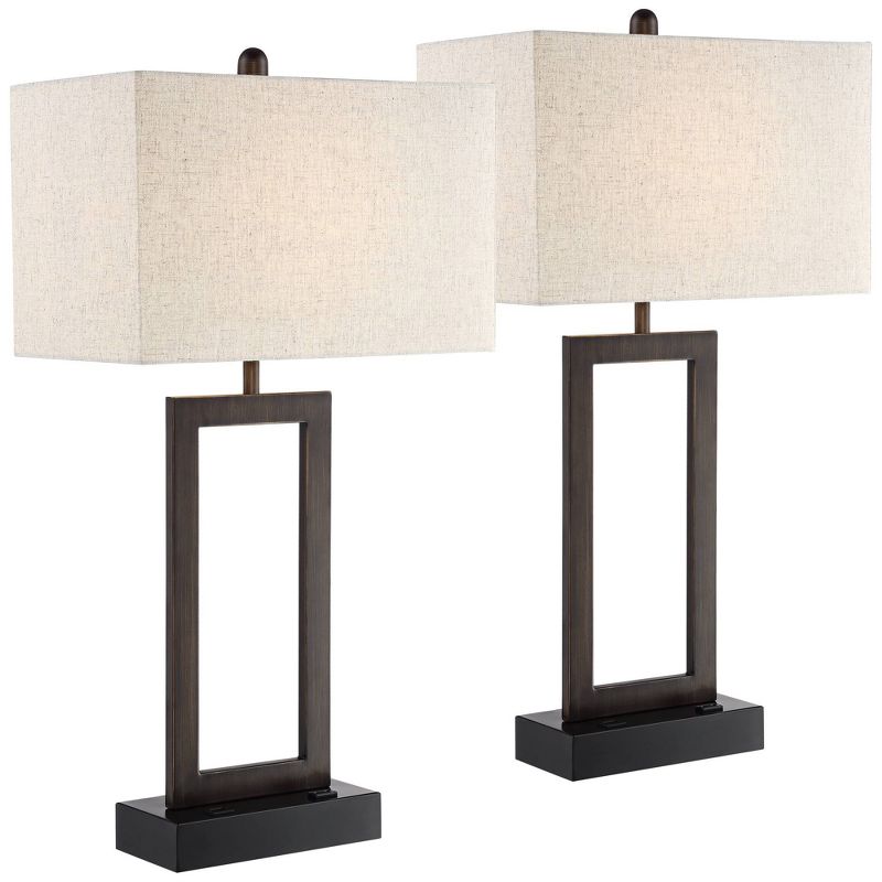 360 Lighting Todd Modern Table Lamps 30" Tall Set of 2 Bronze with USB and AC Power Outlet in Base Oatmeal Shade for Bedroom Living Room Bedside Desk, 1 of 10