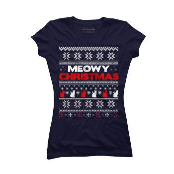 Junior's Design By Humans Meowy Christmas Funny Xmas Gift Shirt By thebluebabi T-Shirt