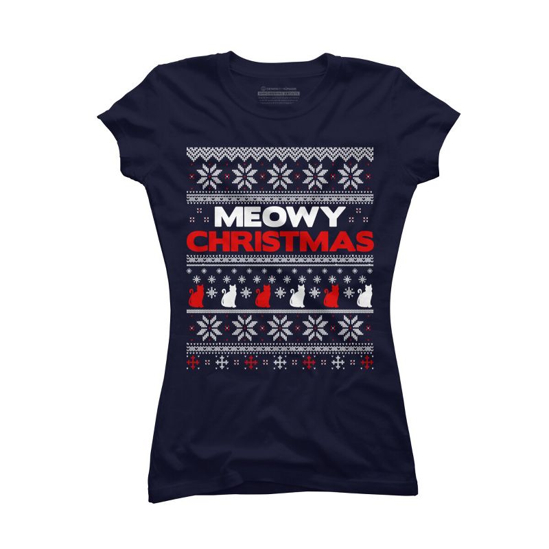 Junior's Design By Humans Meowy Christmas Funny Xmas Gift Shirt By thebluebabi T-Shirt, 1 of 4