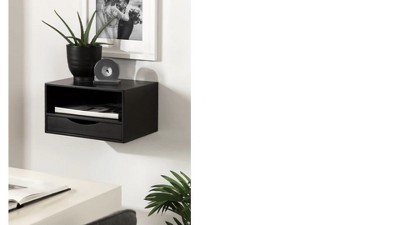 Gray Poplar Wood Floating Wall Shelf with Drawer