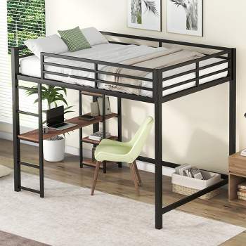 Full Size Metal Loft Bed with Built-in Desk and Storage Shelves, Black-ModernLuxe