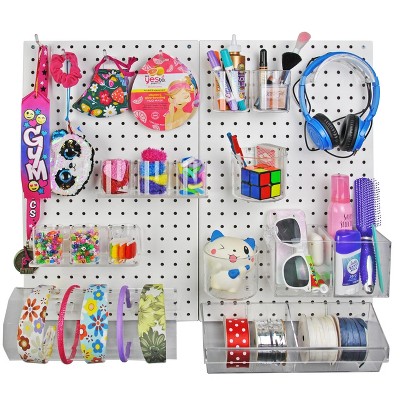White Plastic Pegboard Wall Organizer Kit with Acrylic Accessories