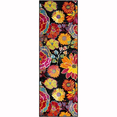 Lyon Kennedy Floral Black and Yellow 2' x 6' Synthetic Runner Rug