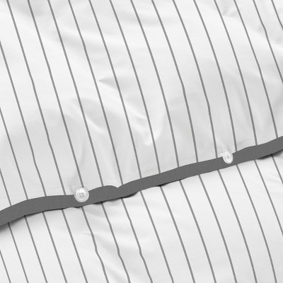 Light Gray Cotton Queen Duvet Cover Set with Pinstripes