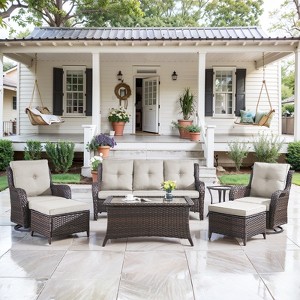 7 Piece Patio Furniture Set with Swivel Chairs, Rattan Wicker Outdoor Conversation Set with Patio Couch Swivel Chair Coffee Table End Table Ottoman - 1 of 4