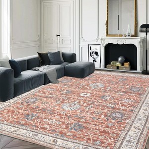 Area Rug, Washable Rug - 8x10 Oriental Vintage Carpet, Soft Faux Wool Non Slip Stain Resistant (Brick Red) - 1 of 4
