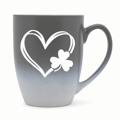 Elanze Designs Heart Outline With Three Leaf Clover Two Toned Ombre Matte 10 ounce New Bone China Coffee Tea Cup Mug, Gray and White