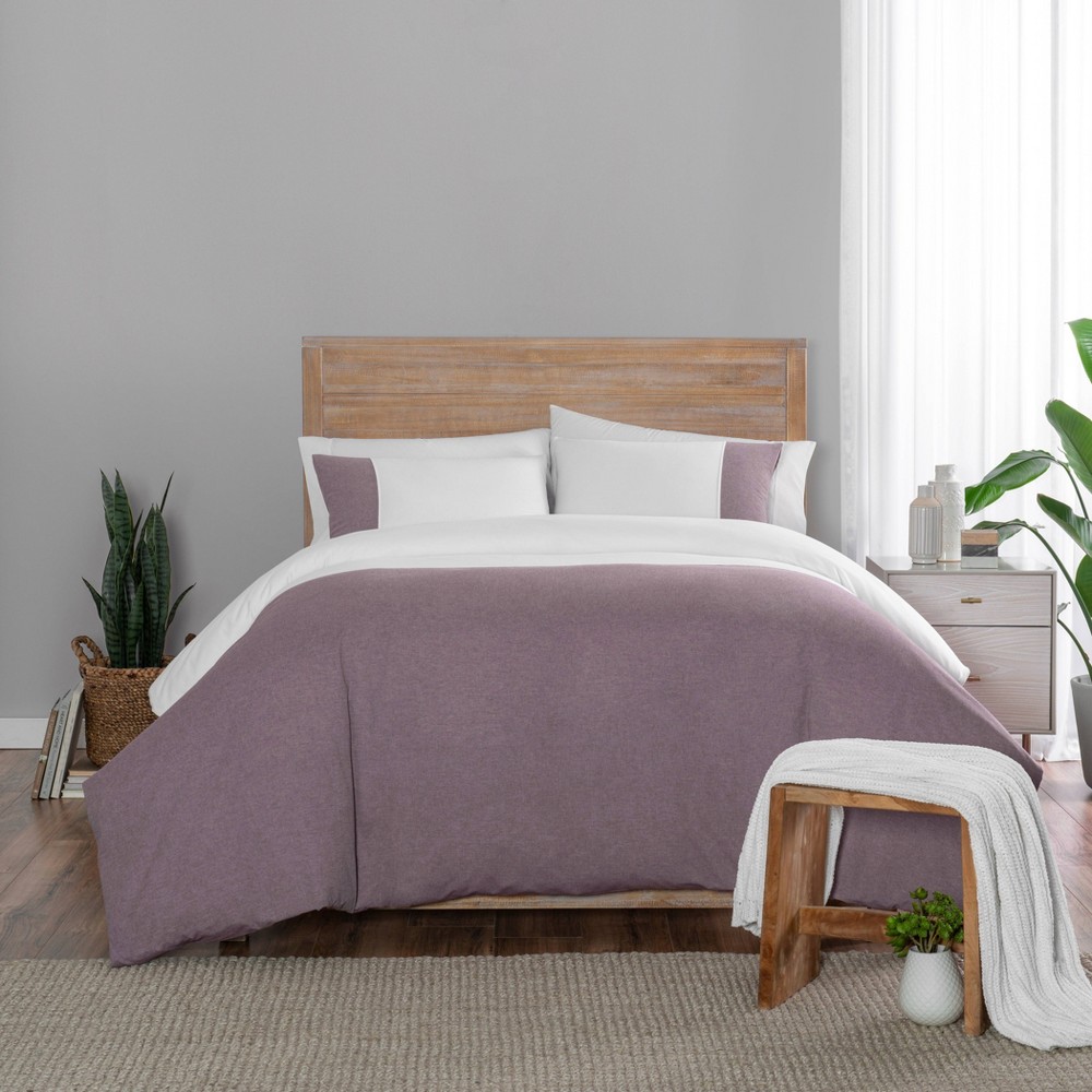 Photos - Bed Linen Vue King 3pc Kinsley Chambray Colorblock Duvet Cover Set Wine: Cotton Material, 210 Thread Count, Machine Washable