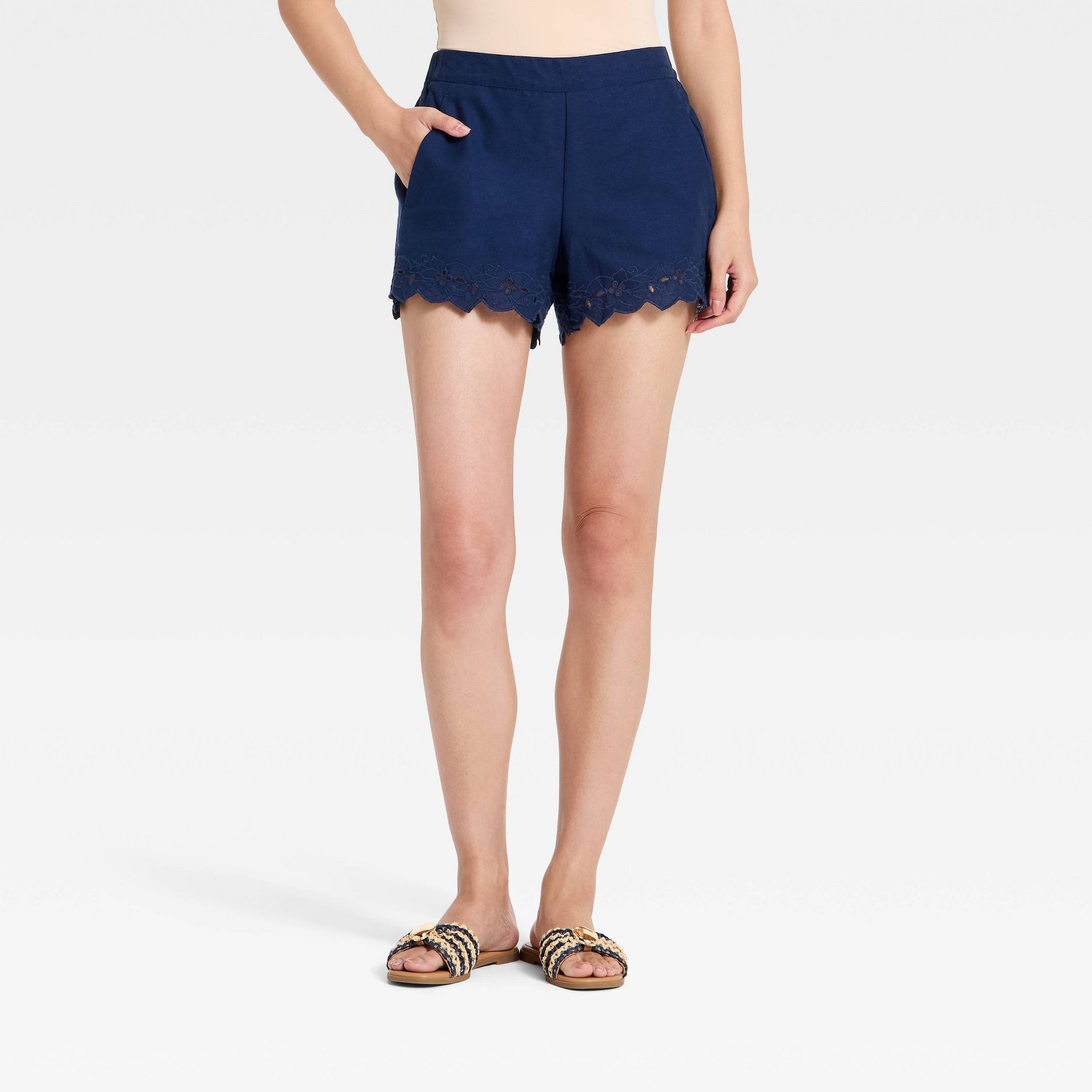 Women's Embroidered Linen Pull-On Shorts - A New Day™