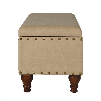 Tan Upholstered Storage Bench with Nailhead Trim and Wood Legs