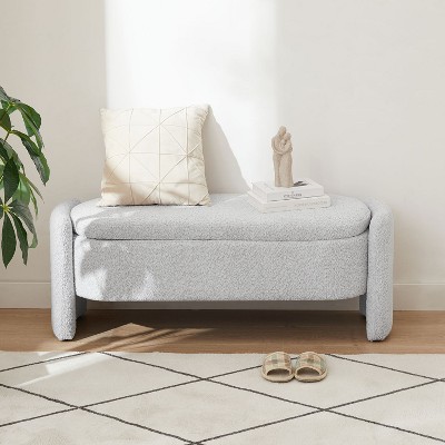 Gray Boucle Upholstered Oval Storage Footstool Bench