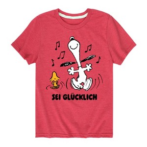 Boys' Peanuts Snoopy and Woodstock Be Happy German Short Sleeve Graphic T-Shirt - Heather Red - 3T - 1 of 4