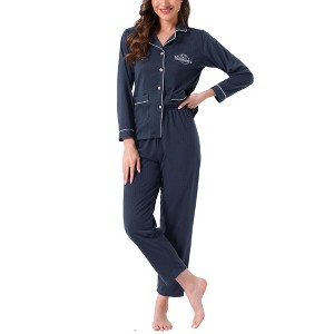 INSPIRE CHIC Women's Lounge Set Cotton Ribbed Button Up Long Sleeve Pants Pattern with Pocket Pajama Set Loungewear - 1 of 4
