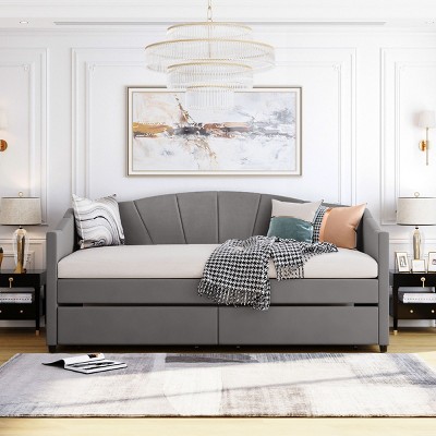 Twin Size Upholstered Daybed with Storage Drawers, Velvet Sofa Bed with Backrest and Two Armrests-Baofuwish