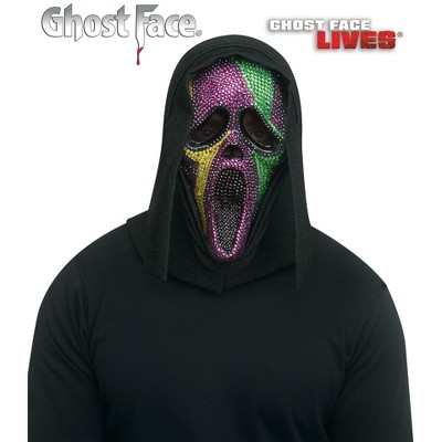 Ghost Face Scream Mask with Mardi Gras Bling - Purple, Green, Gold Rhinestones, Black Sparkle Shroud - Officially Licensed Fun World Mask