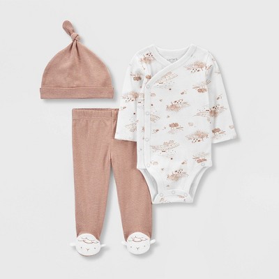 Image of Carter's Just One You® Baby 3pc Footed Hat Top & Bottom Set - White/Brown Newborn