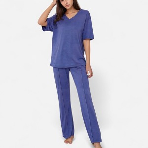 Anna-Kaci Lounge Women's Short Sleeve V-Neck Pajama Set with Relaxed Fit Knit Top and Wide Leg Lounge Pants - 1 of 4