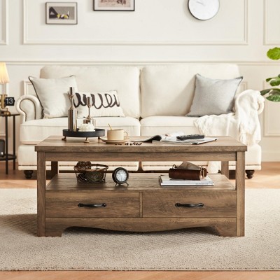 Farmhouse Coffee Table with Storage, Open Display Area and Storage Drawers with Metal Handles, Chic Style with Curved Base