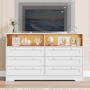6 Drawer Dresser with Power Outlet and Leg Lights, Modern Wood Dressers & Chests of Drawers with 2 Open Shelves for Bedroom, Living Room - 1 of 4