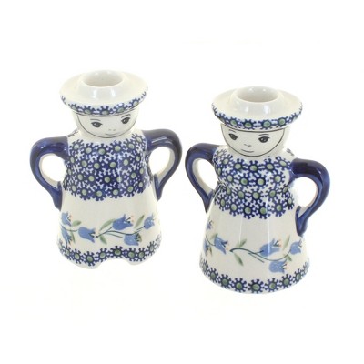 Blue Rose Polish Pottery Tulip Man & Woman Candlestick Holders