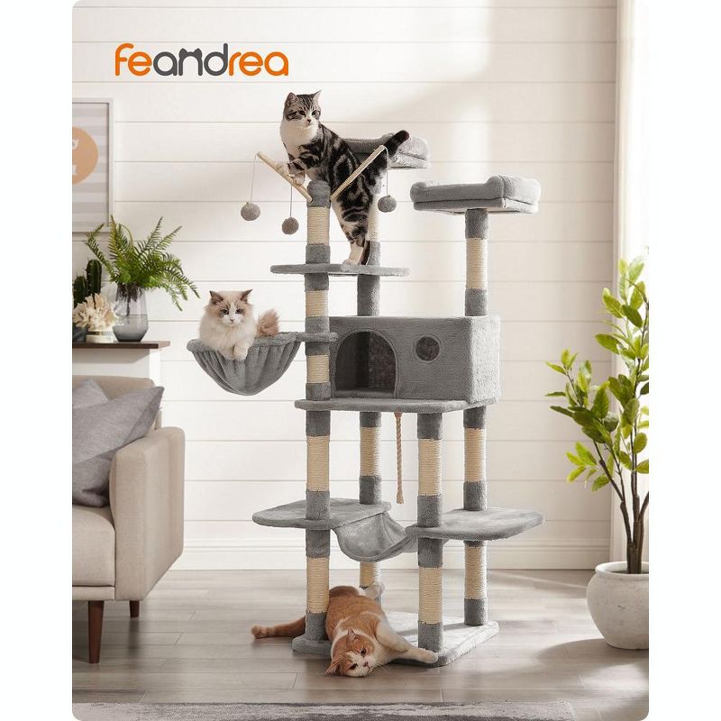 FEANDREA 64.6" Cat Tree Large Cat Tower Cat Activity Center with Hammock Cat Condo Light Gray, 2 of 5