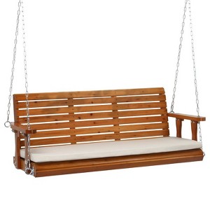 3-Person Patio Wood Porch Swing With Cushion - 1 of 4