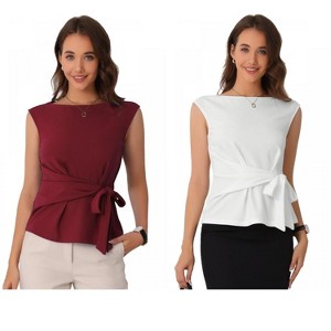 INSPIRE CHIC Women's Summer Tie Front Boat Neck Sleeveless Work Blouse 2 Packs - 1 of 4