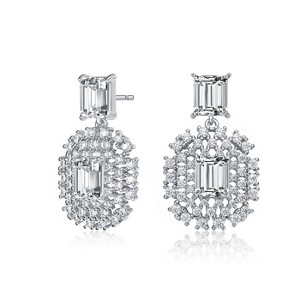 Guili Sterling Silver Rhodium Plated Clear Emerald with Round Cubic Zirconia Lace Cluster Drop Earrings, a Regal and Intricate Vintage Design - 1 of 3