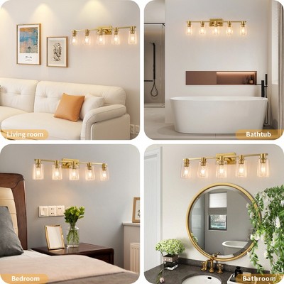 POWLIG 35-in 5-Light Gold Modern Dimmable Bathroom Vanity Light with Cylindrical Glass Shade