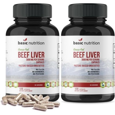 Basic Nutrition Grass-Fed Beef Liver Capsules, Vitamin-Rich Superfood, Pasture-Raised, Undefatted, No Pesticides or Hormones, For Immune Support