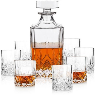 Viski Admiral Decanter and Tumblers - Premium Crystal Clear Glasses, Scotch and Whiskey Barware Gift, 30 Oz and 9 Oz - Set of 8