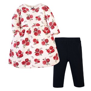 Hudson Baby Infant and Toddler Girl Quilted Cotton Long-Sleeve Dress and Leggings 2pc Set, Red Rose - 1 of 2