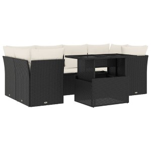 vidaXL Patio Sofa Set with Cushions Outdoor Furniture 7 Piece Poly Rattan - Black and Cream - 1 of 4