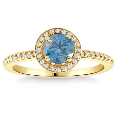 Pompeii3 1 1/3Ct TW Blue & White Diamond Halo Engagement Ring in 14k Yellow Gold