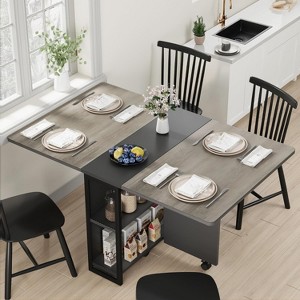 Pear Wood Folding Dining Table for 4 with Storage Shelf, 6-Wheel Expandable Drop Leaf Table for Small Spaces - 1 of 4