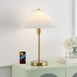 JONATHAN Y Freida 21.25" Glam Metal Column (Includes LED Light Bulb) Table Lamp with USB Charging Port and Pleated Shade: ETL Listed, Cotton Shade - 1 of 4