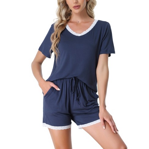 cheibear Women s Sleepwear Lounge Soft Nightwear with Pockets Shorts Sleeve 2 Pcs Pajama Set Blue X Large