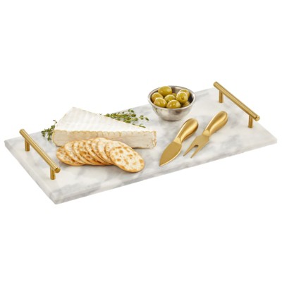 Rectangular Gray Marble Serving Tray with Gold Handles