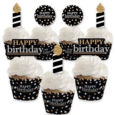 Big Dot of Happiness Adult Happy Birthday - Gold - Cupcake Decoration - Birthday Party Cupcake Wrappers and Treat Picks Kit - Set of 24