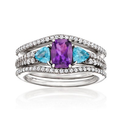 Ross-Simons 0.80 Carat Amethyst, .50 ct. t.w. Swiss Blue Topaz and .50 ct. t.w. White Topaz Jewelry Set: Ring and Ring Guard in Sterling Silver
